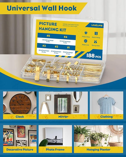 Uniclife 188 Pcs Picture Hanging Kit, 10 lb, 20 lb, 30 lb, 50 lb, 100 lb Heavy Duty Picture Hangers for Drywall & Wood, Picture Hanging Hooks, Frame Hooks for Hanging Photos Mirrors Paintings