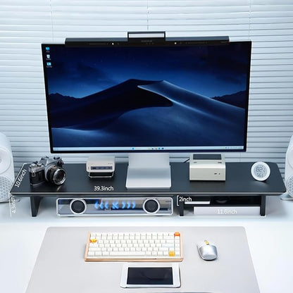 Bamboo Dual Monitor Stand Riser Black, 2-Tier Desk Monitor Riser for 2 Monitors, Supports for PC Computer Monitor, Printer, Heavy TV Riser up to 300 lbs