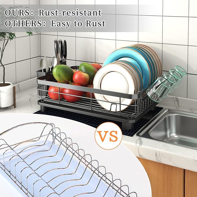 Godboat Dish Drying Rack, Dish Rack with Auto-Drain & Mat, Dish Drainers for Kitchen Counter, Glass Organizer for 4 Cups, 3 Slots Utensil Holder,Gifts for Women Mothers Day, Kitchen Gadgets & Decor