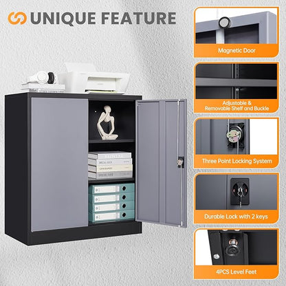 Metal Garage Storage Cabinets with Lock, 36" Tall Tool Cabinet with 2 Door and 2 Adjustable Shelves, Locking Garage Cabinets and Lockable Steel Locker for Home Office Warehouse-(Black Gray-36”H)