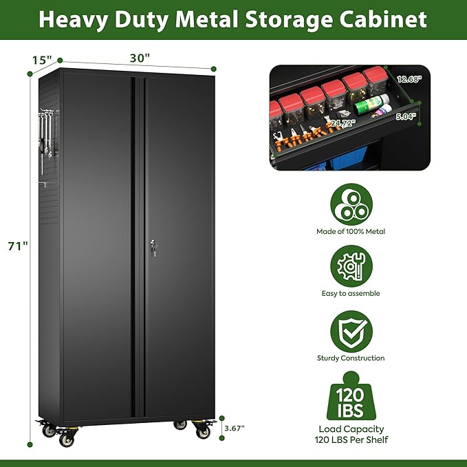 Garage Storage Cabinet with Wheels, 5 Pegboards and 1 Drawer, 71" H Lockable Metal Storage Cabinet with 2 Adjustable Shelves and 16 Hooks for Garage,Warehouse, Assembly Required,Black