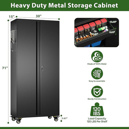 Garage Storage Cabinet with Wheels, 5 Pegboards and 1 Drawer, 71" H Lockable Metal Storage Cabinet with 2 Adjustable Shelves and 16 Hooks for Garage,Warehouse, Assembly Required,Black