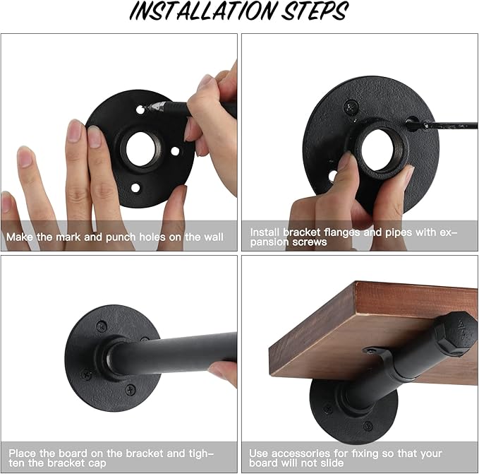 Industrial Black Iron Pipe Shelf Brackets 10 Inch Wall Mount DIY Shelving Brackets Pipe Decor Wall Rustic Clothing Rack 8 Pack, Hardware Included