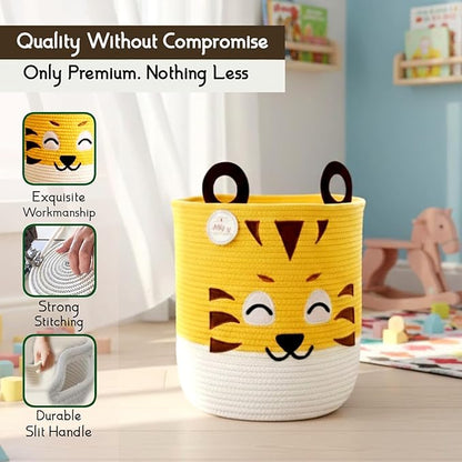 Collapsible Kids Laundry Basket & Toy Storage Organizer | Large Tiger Woven Cotton Rope Bin for Stuffed Plushies | Cute Animal Design Hamper with Cutout Handles for Nursery, Playroom & Living (Tiger)