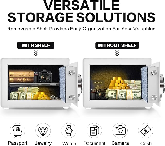 Safe for Home, 1.0 Cubic Feet Small Safe with Removable Shelf, Alarm System, Digital Electronic Security Money Box for Cash, Document, Home, Office, Hotel Use, White, 9.84"D x 13.78"W x 9.84"H