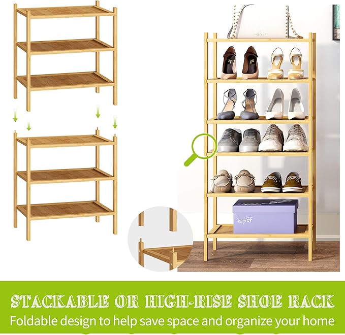 BMOSU 3-Tier Bamboo Small Shoe Rack Premium Stackable Shoe Shelf Storage Organizer for Hallway Closet Living Room Entryway Organizer(Natural)