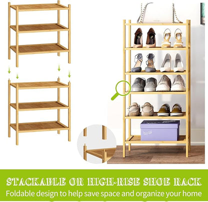 BMOSU 3-Tier Bamboo Small Shoe Rack Premium Stackable Shoe Shelf Storage Organizer for Hallway Closet Living Room Entryway Organizer(Natural)