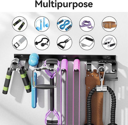 Wall Mounted Home Gym Equipment Storage Rack for Resistance Bands, Cable Attachments, Lifting Belts, Jump Ropes and Chains