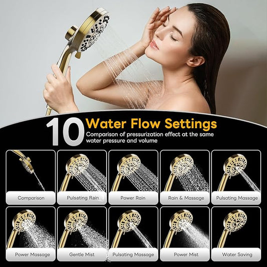 High Pressure 10 Ways Handheld Shower Head Brushed Gold- Anti-clog Nozzles, Built-in Power Wash to Clean Tub, Wall & Overhead Brackets,Magnetitc Rainfall Shower Wand,Built-in 2 Power Jet