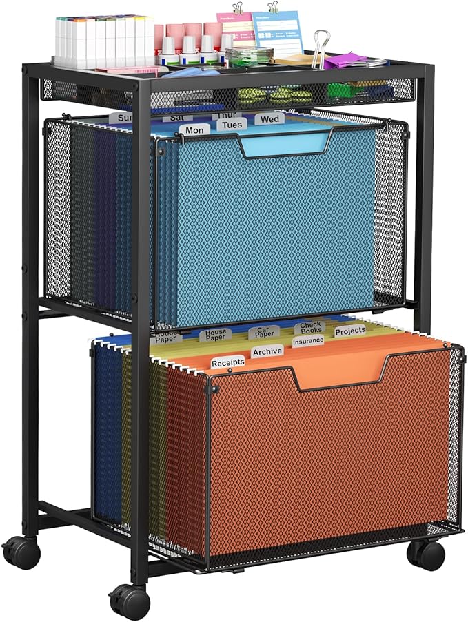 Rolling File Cart with 2 Drawers, Under Desk Storage Cabinet with DIY Divider, Letter/Legal Mobile Filling Cabinet on Wheels, Hanging File Folders Organizer, Metal Utility Cart for Home Office, Black