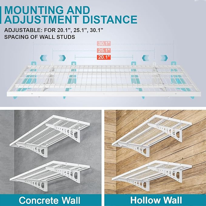 4-Pack 1.5×3.8ft(18×45.6 inch) Garage Wall Shelving, 1000 lbs Load Capacity, Garage Wall Mounted Shelves, Heavy Duty Shelf with Hooks, White