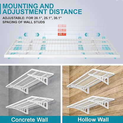 4-Pack 1.5×3.8ft(18×45.6 inch) Garage Wall Shelving, 1000 lbs Load Capacity, Garage Wall Mounted Shelves, Heavy Duty Shelf with Hooks, White