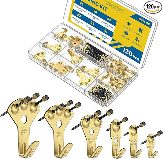 Uniclife 120 Pcs Picture Hanging Kit, 10 lb, 20 lb, 30 lb, 50 lb, 75 lb, 100 lb Heavy Duty Picture Hangers for Drywall & Wood, Picture Hanging Hooks, Frame Hooks for Hanging Photos Mirrors Paintings