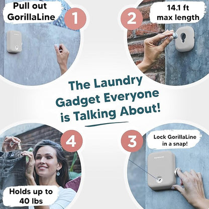 GorillaLine Retractable Clothesline, Indoor and Outdoor, Heavy Duty Wall Mounted Laundry Line, Space Saving Drying Rack for Towels, Sheets and Clothing, Stainless Steel, for Bathroom, Balcony or RV
