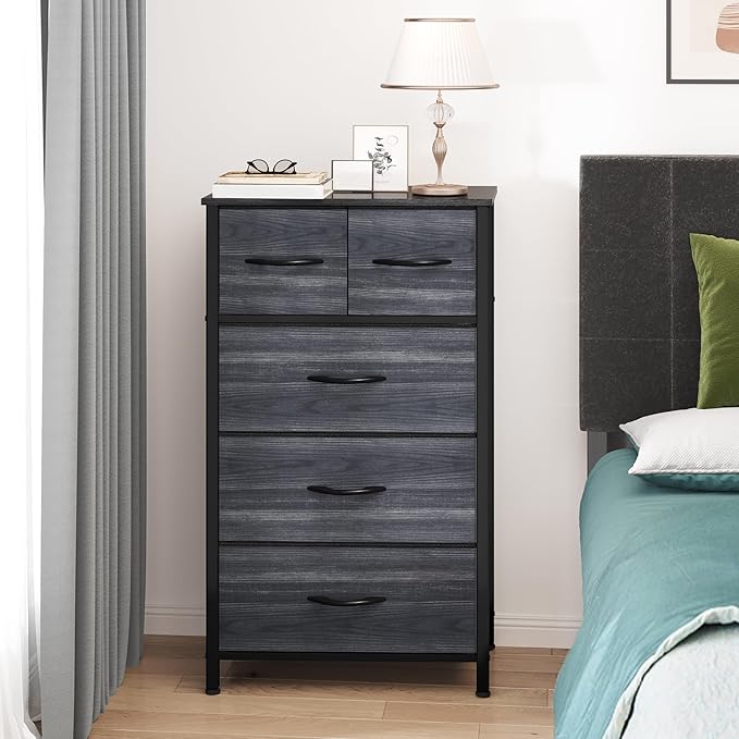 YITAHOME Fabric Dresser with 5 Drawers - Storage Tower with Large Capacity, Organizer Unit for Bedroom, Living Room & Closets - Sturdy Steel Frame, Wooden Top & Easy Pull Fabric Bins