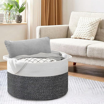 Large Throw Blanket Basket, 22" X 22" X 14" XXXL Blanket Holder for Living Room, Big Wicker Baskets for Storage, Woven Cotton Rope Kids Toy Box, Throw Pillow Holder Organizer Bin