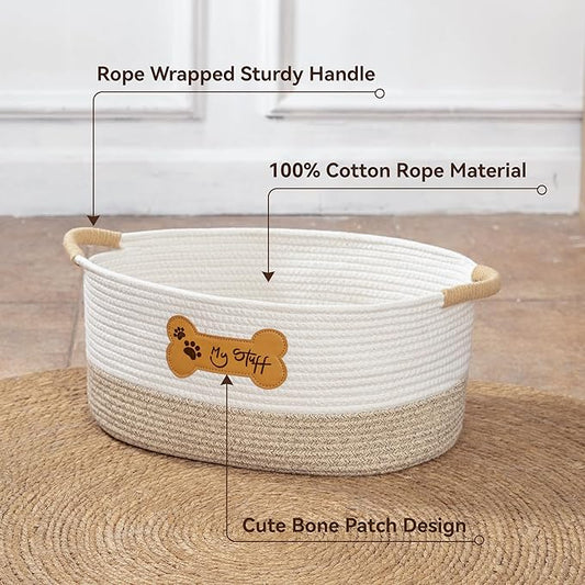 Dog Toy Basket - Cotton Rope Dog Toy Bin With Handle - Cute Woven Pet Toy Box - Perfect Toy Basket For Pets - Storage Baskets For Organizing - Toy Box For Dogs