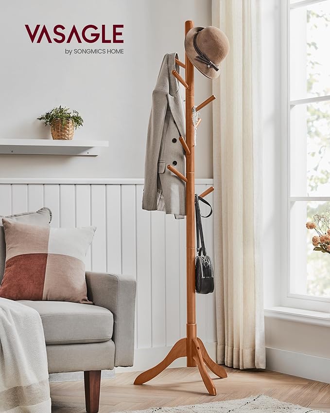 VASAGLE Solid Wood Coat Rack, Free Standing Tree-Shaped Coat Rack with 8 Hooks, 3 Height Options, for Clothes, Hats, Bags, Living Room, Bedroom, Home Office, Caramel Brown URCR01WN