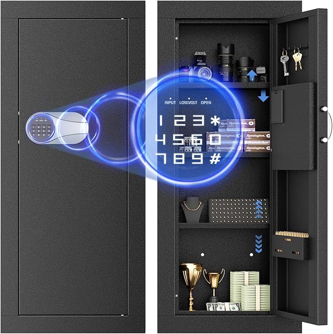Greenvelly Wall Gun Safe, Hidden Wall Safe with Digital Keypad & Backup Keys, 33" Tall Metal Security Cabinet with Removable Shelves & Alarm System for Firearms, Cash, Jewelry, Documents