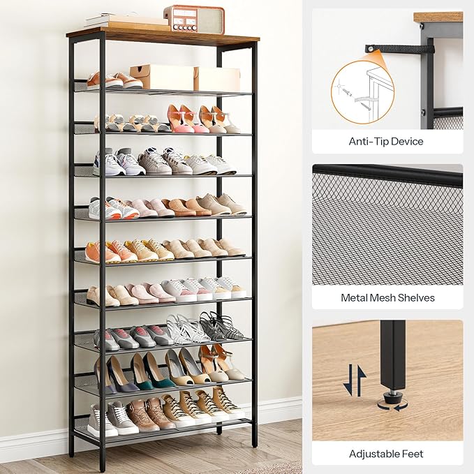HOOBRO 10-Tier Shoe Rack, 29.5"L Shoe Shelf, Large Capacity Shoe Storage Organizer for 27+ Pairs of Shoes, Front Door Entrance, Entryway, Hallway, Closet, Space Saver, Rustic Brown and Black BF110XJ01