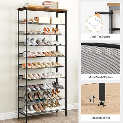HOOBRO 10-Tier Shoe Rack, 29.5"L Shoe Shelf, Large Capacity Shoe Storage Organizer for 27+ Pairs of Shoes, Front Door Entrance, Entryway, Hallway, Closet, Space Saver, Rustic Brown and Black BF110XJ01