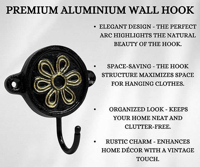 Aluminium Flower Print (1-Pack) Single Wall Hooks, Black Themed Hooks for Hanging Leash-Wall Mount Hanger, Organization Decorative Wall Hook (Flower)
