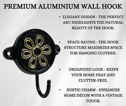 Aluminium Flower Print (1-Pack) Single Wall Hooks, Black Themed Hooks for Hanging Leash-Wall Mount Hanger, Organization Decorative Wall Hook (Flower)