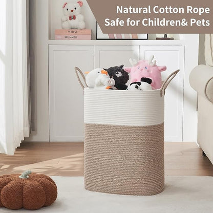 Laundry Basket with Handles - Blanket Basket & Hampers for Bedroom Aesthetic, Laundry Hamper & Blanket Storage for Living Room, Clothes Hamper, Tall, Large 17" x 14" x 26”, White & Rice Brown