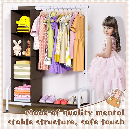 Univivi Kids Clothing Rack with Hanging Organizer, Short Toddler Dress Up Storage Rack for Hanging Clothes, Kids Wardrobe Closet for Baby Clothes, Dance Costumes, Brown/White
