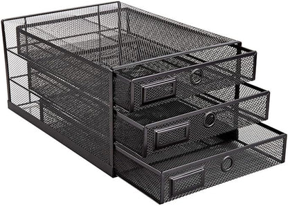 Annova Desk Organizer Wire Mesh 3 Tier Sliding Drawers Paper Sorter/Multifunctional/Premium Solid Construction for Letters, Documents, Mail, Files, Paper, Kids' Art Supplies (Black)