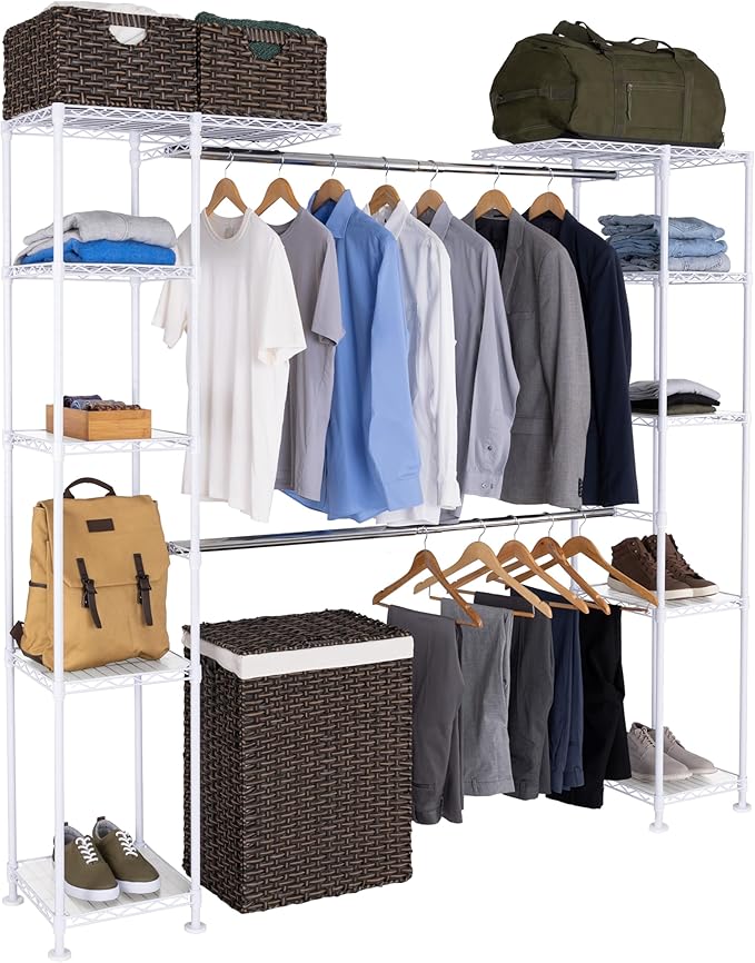 Seville Classics Closet Garment Organizer with Metal Hanging Rod Wardrobe Storage System, w/ Steel Shelves for Clothes, Shirts, Jackets, Coats, Blankets, Shoes, White, Expandable Rack