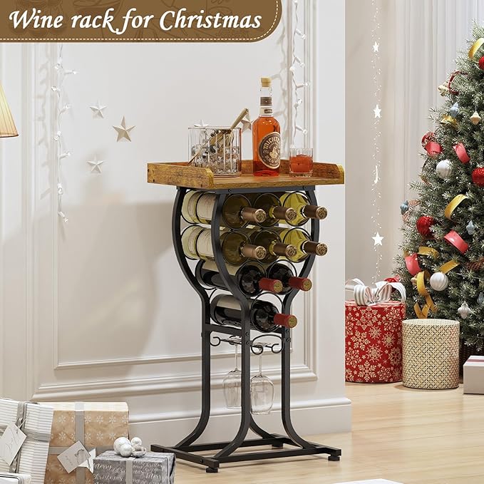X-cosrack Wine Rack Freestanding Floor, Mini Wine Storage Rack, Desktop Wine Bottle Display Stand with Wine Glass Holder, Mini Bar Table with Tabletop for Home Bar Kitchen Living Room
