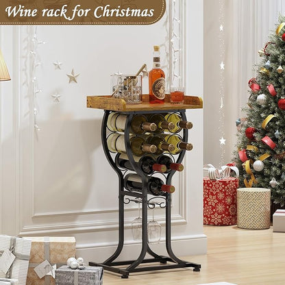 X-cosrack Wine Rack Freestanding Floor, Mini Wine Storage Rack, Desktop Wine Bottle Display Stand with Wine Glass Holder, Mini Bar Table with Tabletop for Home Bar Kitchen Living Room