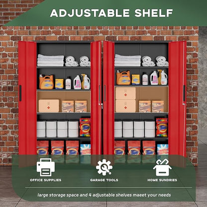 Greenvelly Metal Garage Storage Cabinet, 72" Black Red Tool Steel Locking Cabinet with Doors and 4 Shelves, Tall Cabinets for Garage Storage Systems Lockable File Cabinet for Home Office,Garage