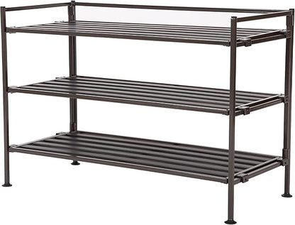 Seville Classics Sturdy Freestanding Storage Shelf for Bedroom, Closet, Entryway, Dorm Room Organizer Stackable Durable Metal Shoe Rack Espresso Slat, 3-Tier (NEW MODEL)
