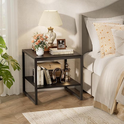 Homieasy End Table, 20 Inch Square End Table, Mini Fridge Stand with 2-Tier Storage Shelves, Industrial Wood Side Table Small Table Stand for Living Room, Bedroom, Office, Black
