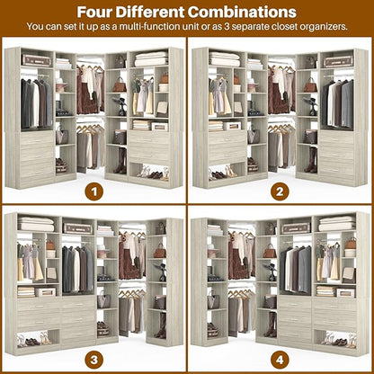 Corner Closet System with 5 Drawers, Closet Organizer System with 15+Shelvess & 4 Hanging Rods, 63.2"L * 63.2"W / 87.2"L * 39.2"W Reversible L Shaped Walk-in Closets, Load 2500+LBS, White Oak