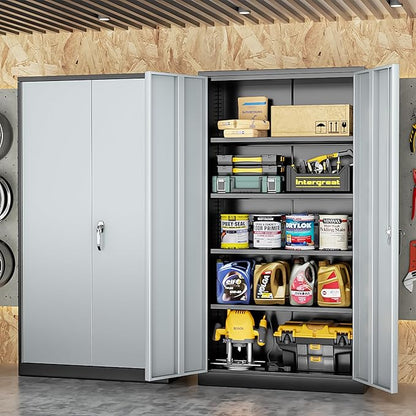 Bonusall Mental Garage Cabinets with 2 Doors and 4 Shelves, Locking Cabinet with for Tool，Steel Garage Storage Cabinets for Home Office, Warehouse，School(Black Grey)