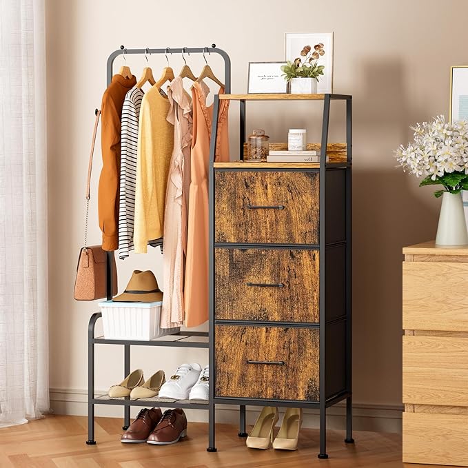 SWTYMIKI Dresser with Hanging Rack - 3 Fabric Drawers Kids Dresser for Bedroom - Reversible Tall Storage Tower, Small Space Clothes Storage Organizer Cabinet for Apartment, Dorm 49.21''H, Espresso
