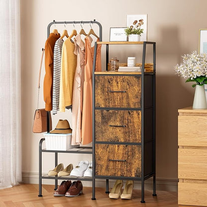 SWTYMIKI Dresser with Hanging Rack - 3 Fabric Drawers Kids Dresser for Bedroom - Reversible Tall Storage Tower, Small Space Clothes Storage Organizer Cabinet for Apartment, Dorm 49.21''H, Espresso