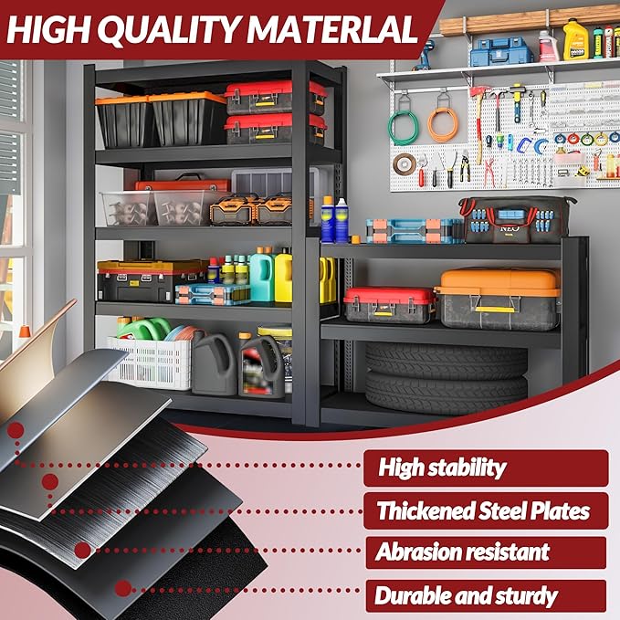 Shelving Units and Storage, 3000LBS Garage Storage Shelves, 5 Tier Shelving Unit, Steel Industrial Shelving, Adjustable Standing Shelf for Garage, Home, Warehouse 71" H x 47" W x 20" D, Black