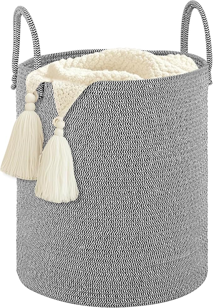 Large Woven Laundry Basket Hamper,60L Cotton Rope Storage Baskets for Blankets in living room,Decor Tall Laundry Bin for Toys Storage,Clothes Basket,Baby Basket,White and Blue
