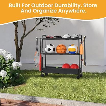 Basketball Rack 3-Shelf Training Stand, Garage Sports Equipment Organizer - Rolling Ball Storage Rack with Wheels, Ball Racks for Basketball, Soccer, Basketball Racks Ball Cart with Hooks.
