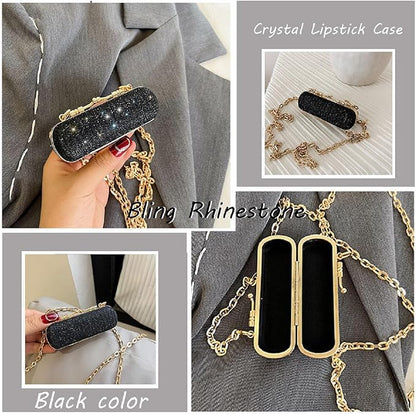 MIAO JIN Mini Crystal Lipstick Case Bling Rhinestone Cosmetic Storage bag with Metal chain Lipstick Storage Holder Makeup jewelry case（Black）