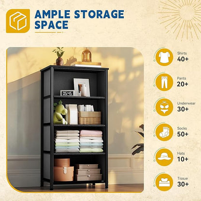 DWVO Storage Tower with 4 Drawers - Fabric Dresser, Organizer Unit for Bedroom, Living Room, Closets - Sturdy Steel Frame, Easy Pull Fabric Bins & Wooden Top