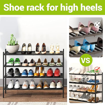 BMOSU 4-Tier Bamboo Extended Shoe Rack Premium Stackable Shoe Shelf Storage Organizer for Hallway Closet Living Room Entryway Organizer(Black)
