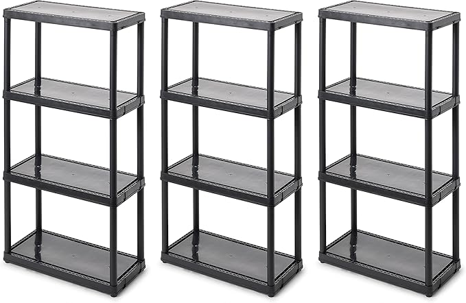 Gracious Living 4 Shelf Fixed Height Solid Light Duty Storage Unit 12 x 24 x 48 for Home, Garage, Basement, & Laundry, Black (3 Pack)