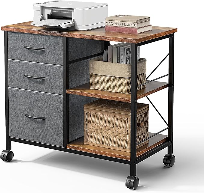 DUMOS 3-Tier Mobile File Cabinet, Printer Stand with Storage, Office Table with Drawers and Back Support Bar, Holds 110lb for Home Office, Rustic Brown