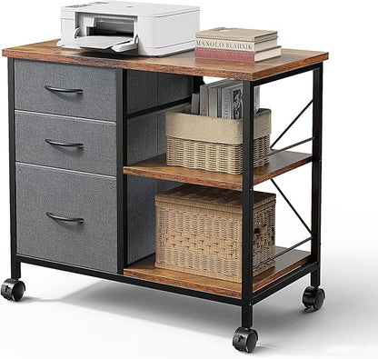 DUMOS 3-Tier Mobile File Cabinet, Printer Stand with Storage, Office Table with Drawers and Back Support Bar, Holds 110lb for Home Office, Rustic Brown