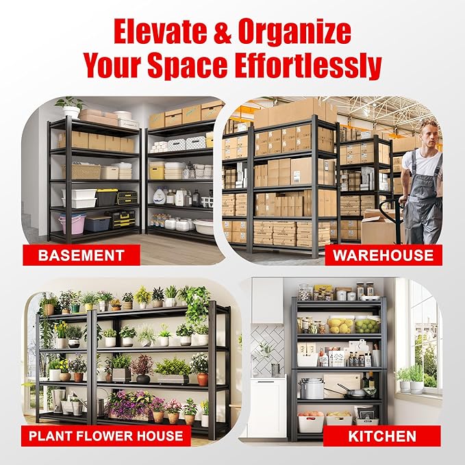 Heavy Duty 5-Tier, Garage Shelving Unit (72" H X 40" W X 18" D) Adjustable Black Metal Storage Shelves, Ideal for Garage, Basement, Pantry & Warehouse, Black, 3000LBS Capacity